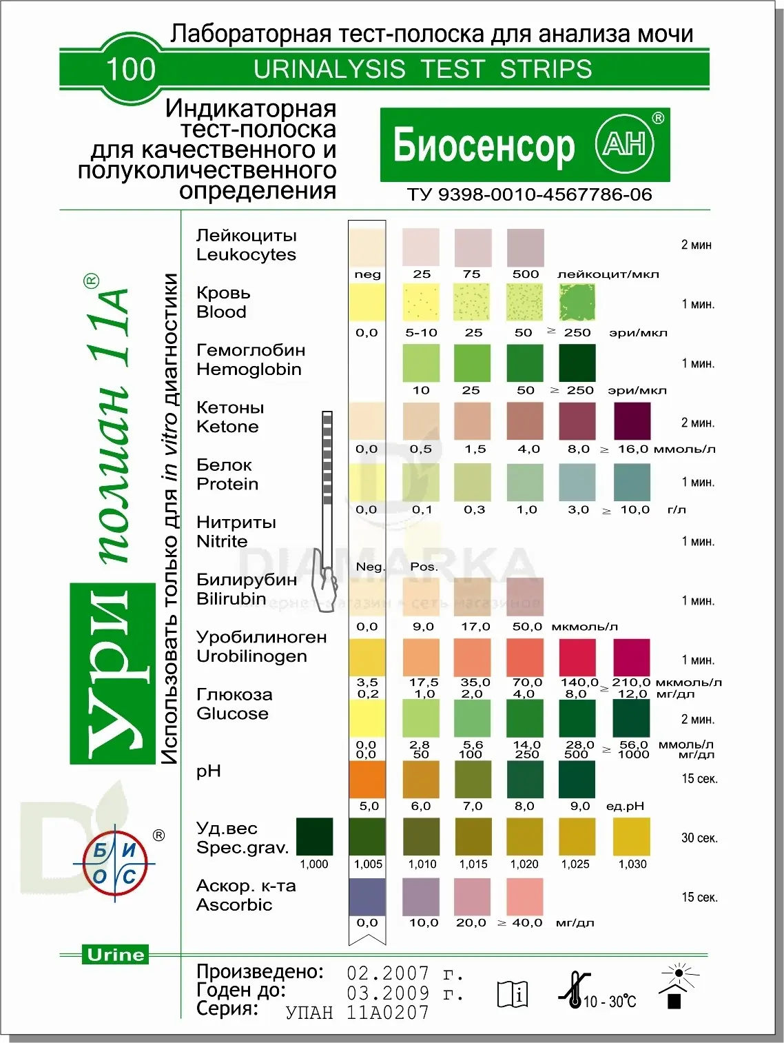 Визуальные тест-полоски Уриполиан 11A № 100 для определения биохимических параметров в моче